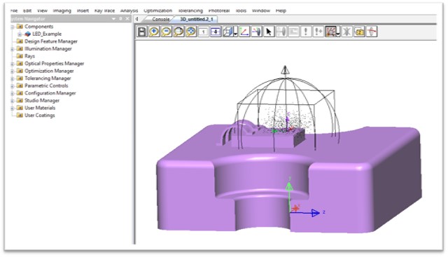 A SOLIDWORKS part linked into LightTools with its ray data source already attached