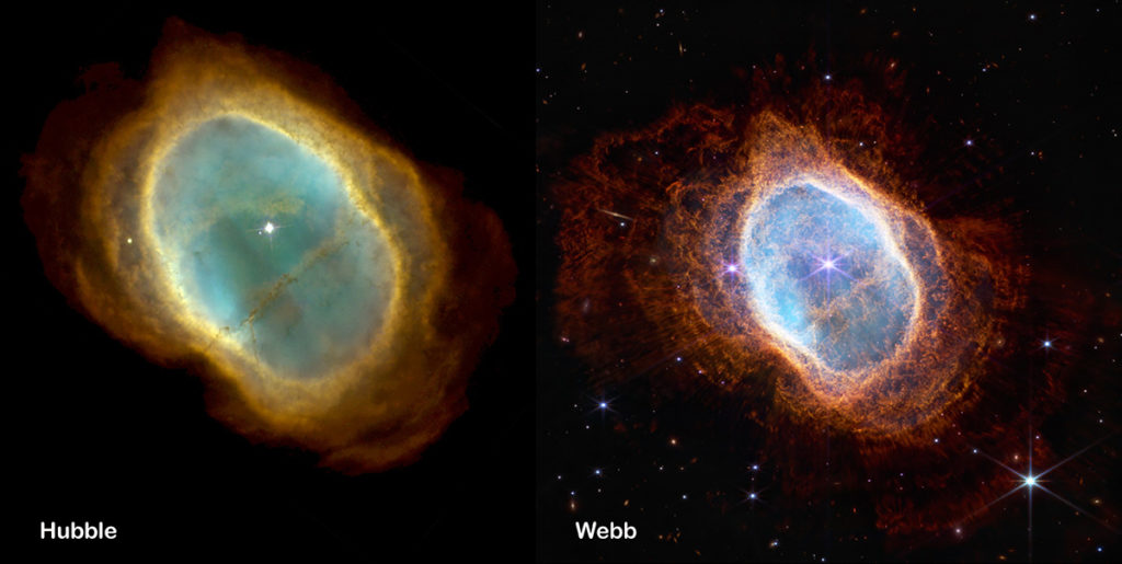 Side by side comparison of image of a space nebula from the Hubble and Webb Telescopes